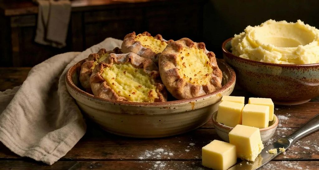 Perunarieskat ja perunamuusi pöydällä